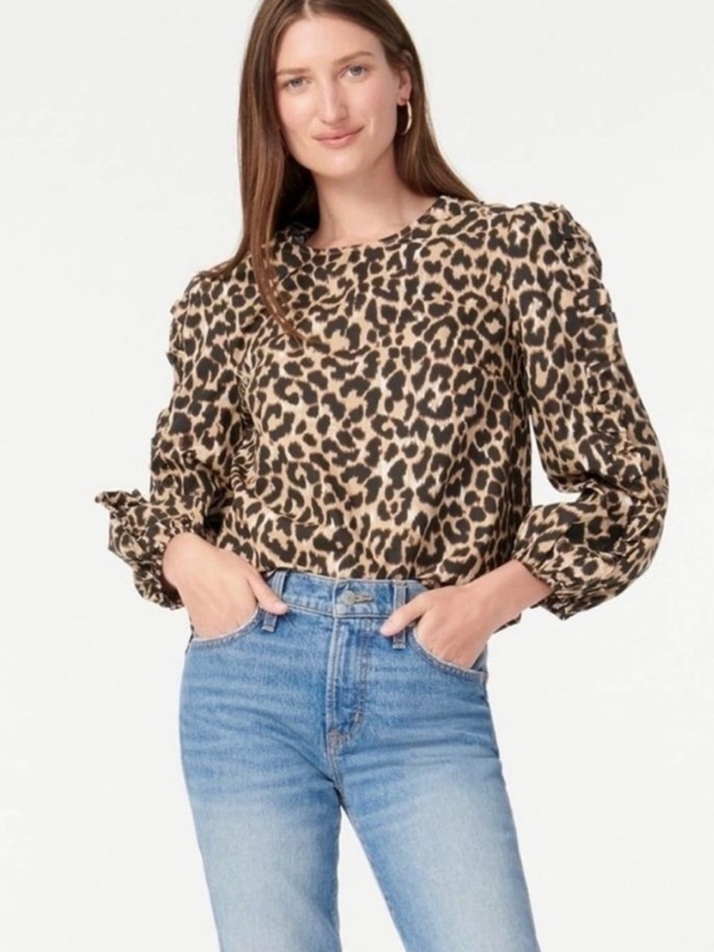 J. CREW Ruffle-Sleeve Top in Leopard Animal Print Brown Puff Sleeve Size S